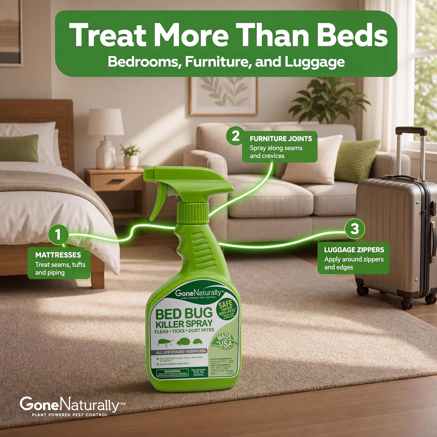 Bed Bug Spray for Mattresses, Headboards & Travel Bags – Scentless, Non-Staining Killer for Bed Bugs, Eggs, Nymphs, &