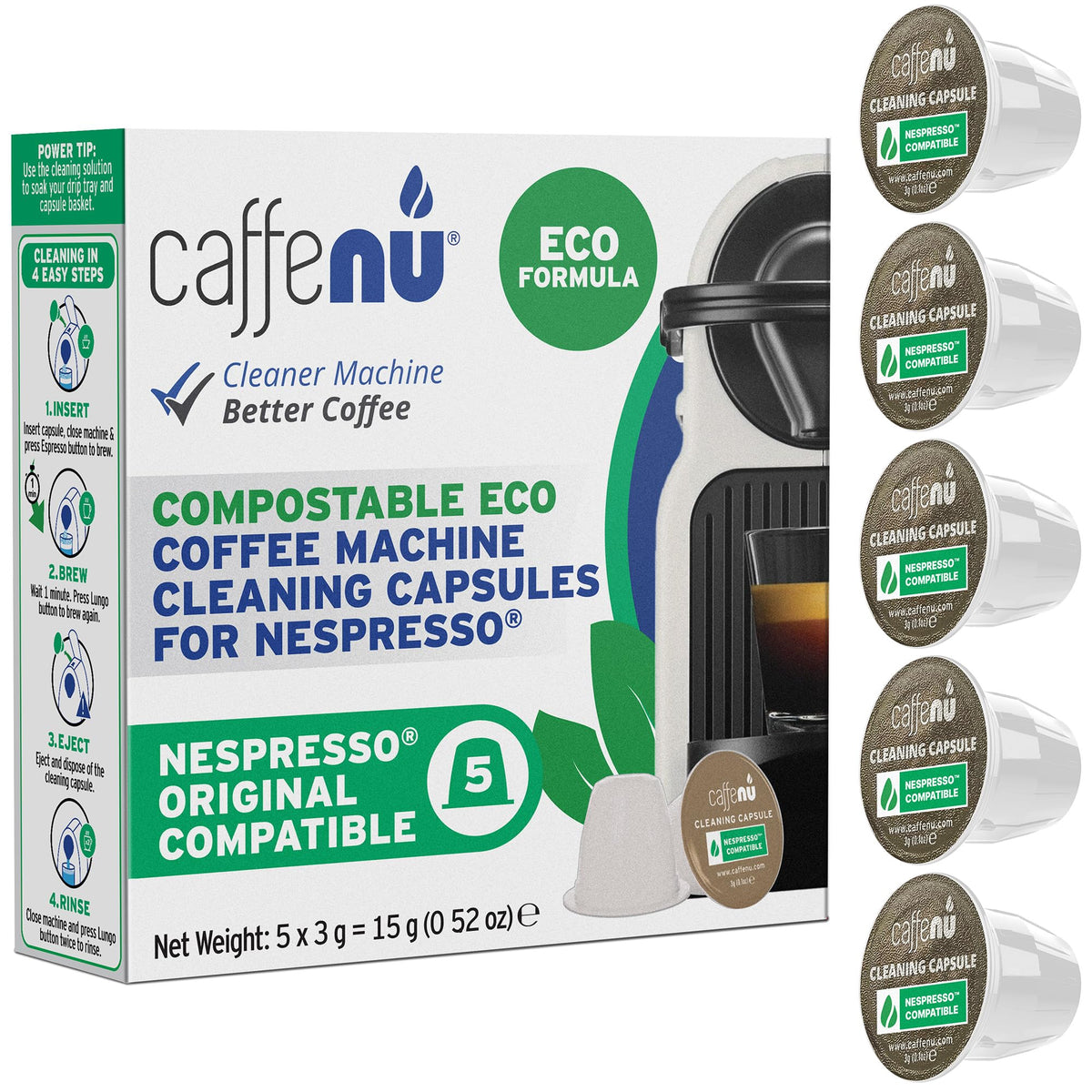 Caffenu Nespresso Original Line Compatible Eco Cleaning Pods, 5 Capsules