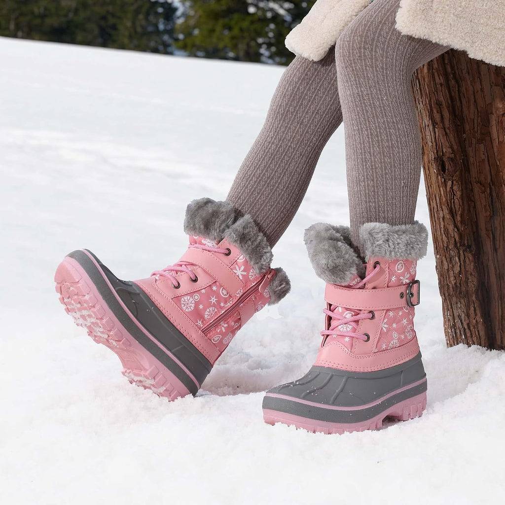 Girls Snow Waterproof Winter Boots | Warm Faux Fur Lined Outdoor Secure Grip Anti Slip Outsole Easy Wear Windproof