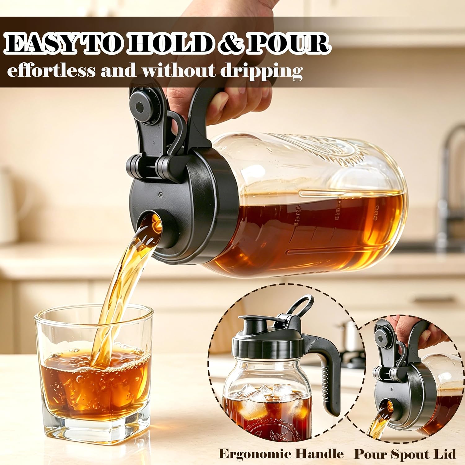 Cold Brew Coffee Maker 64oz Iced Coffee Maker with Stainless Steel Filter | Wide Mouth Glass Pitcher with Pour Spout