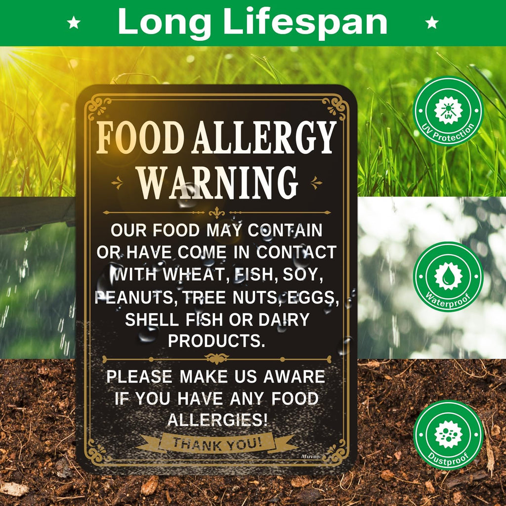 Food Allergy Warning Signs Safety 10” x 7” Suitable for Bar Cafe Restaurant Hotel, Sturdy Plastic, Self Adhesive