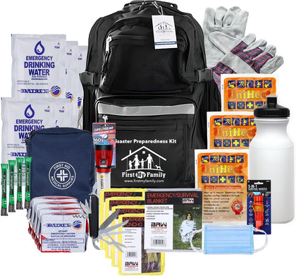 First My Family All-in-One 4 Person, 72 Hour Emergency Survival Kit for Fires, Earthquakes, Hurricanes, Floods
