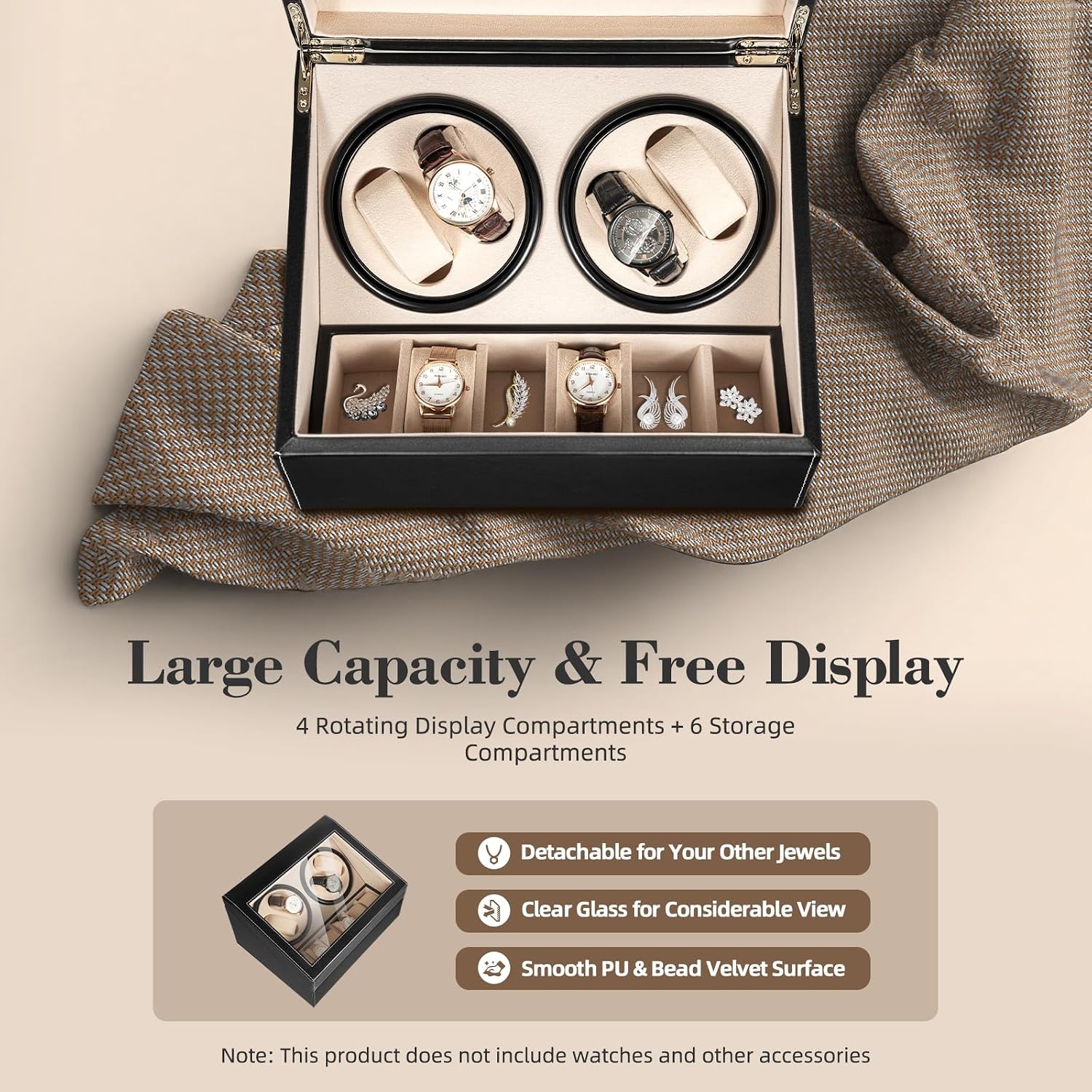 Leather Automatic Watch Winder Box, Quiet Motor with Adjustable Rotation Modes