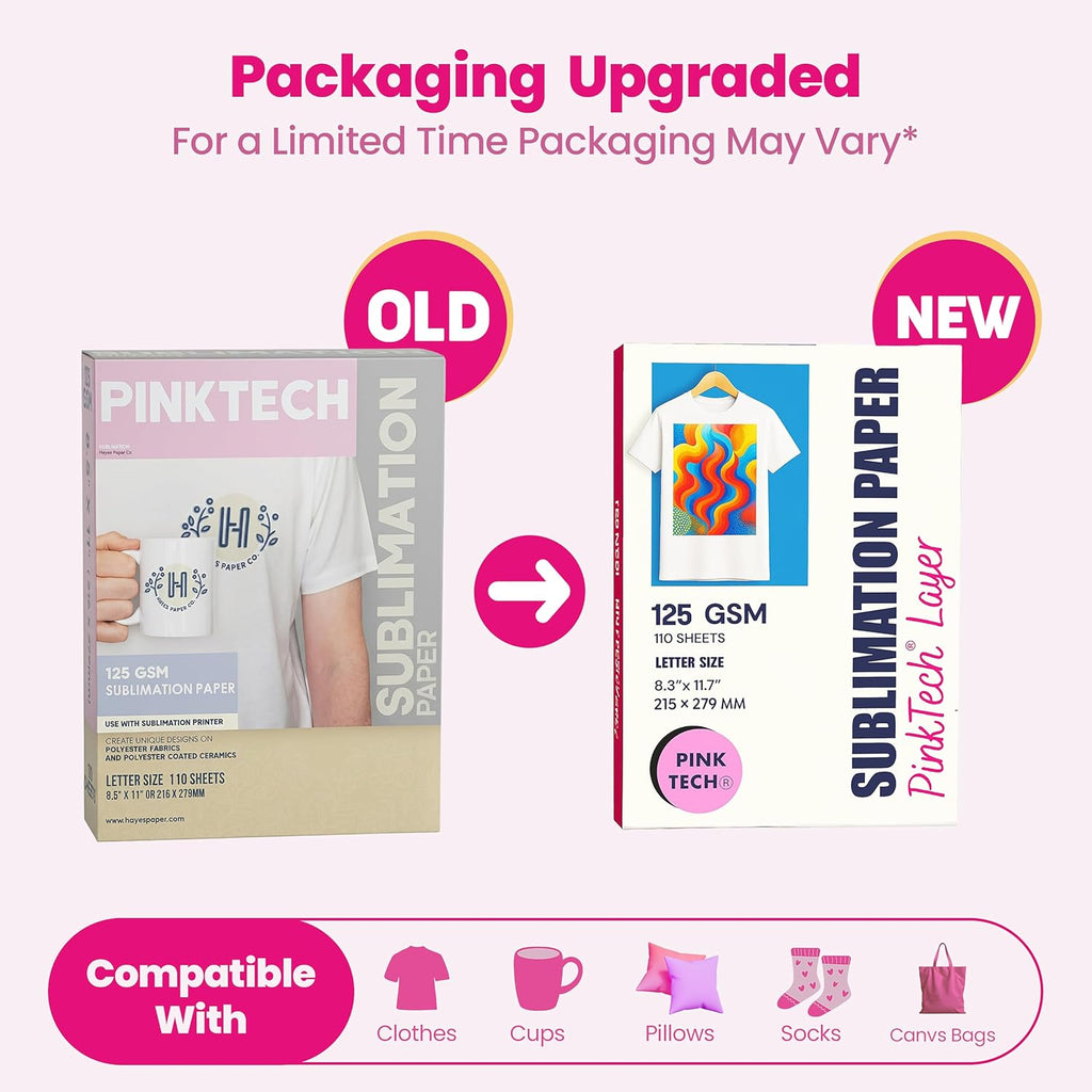 Hayes PinkTech Sublimation Paper 8.5x11 Inch 110 Sheets 125gsm for Inkjet Printer Epson Canon Sawgrass Heat Transfer