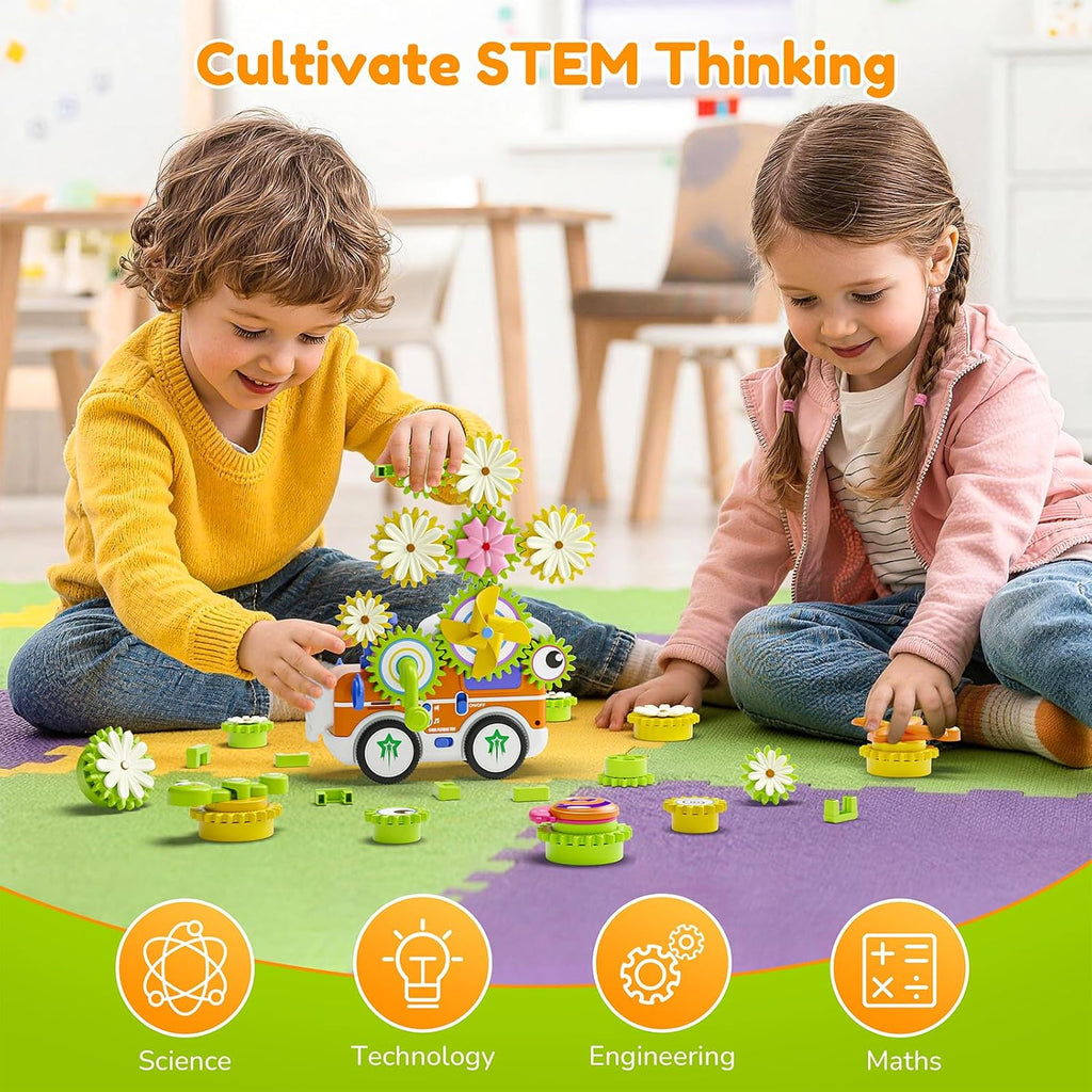 Gears Building Toys for Kids Ages 3+, STEM Construction Set for Toddlers, Train and Flower Models with Electric &
