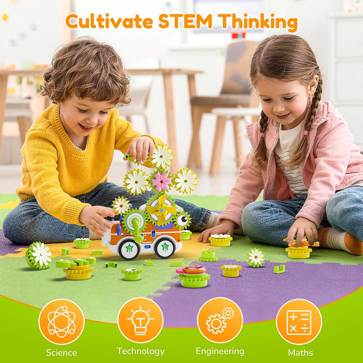Gears Building Toys for Kids Ages 3+, STEM Construction Set for Toddlers, Train and Flower Models with Electric &
