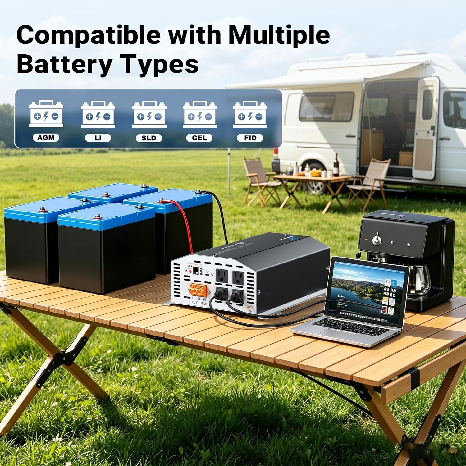 2000W Pure Sine Wave Inverter 12V DC to 120V AC Converter with LCD Remote | 4000W Peak,4AC Outlets, USB & Type-C