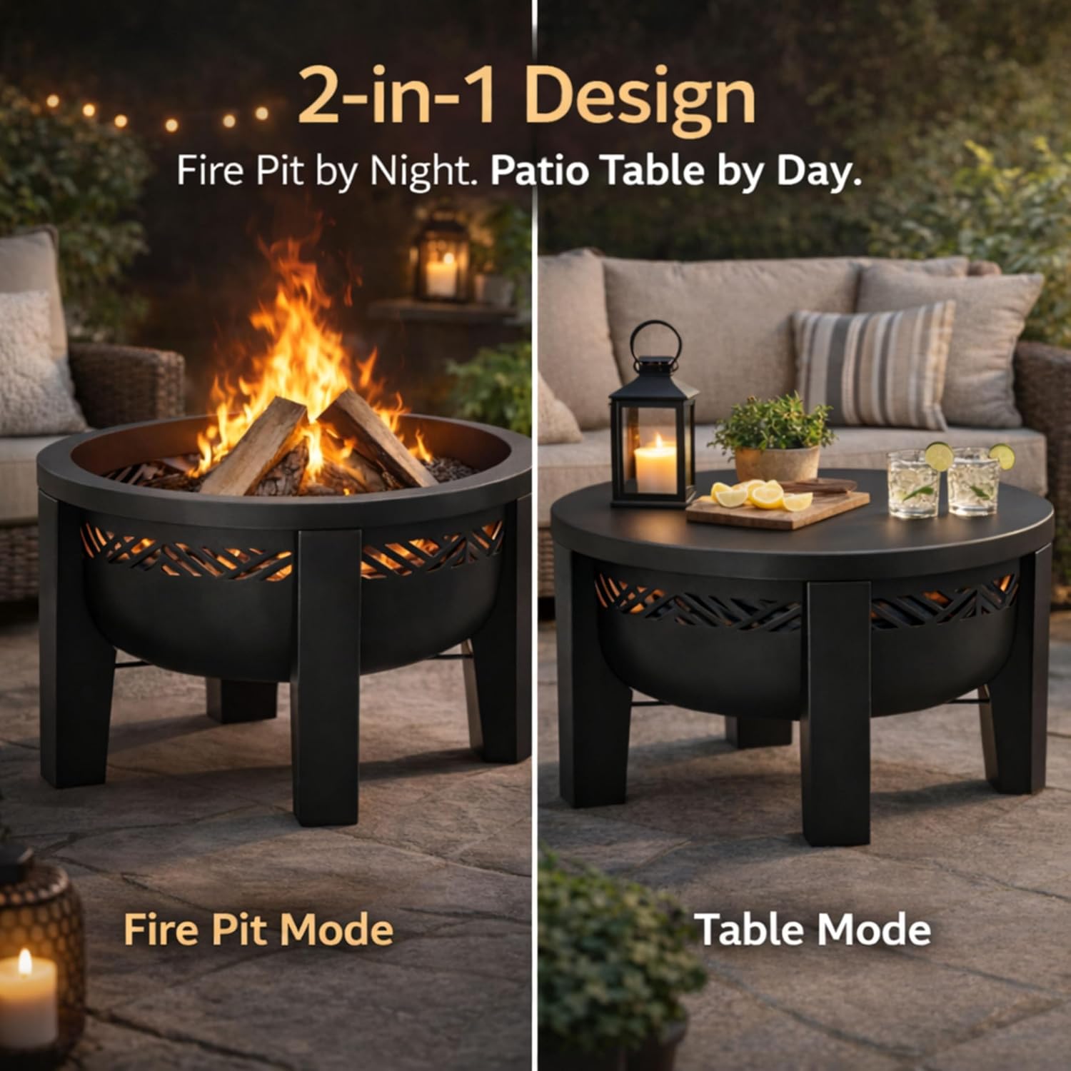 Fire Chief Wood Burning Fire Pit with Tabletop Lid, 26 Inch Outdoor Fire Pit Table for Patio, Deck and Backyard