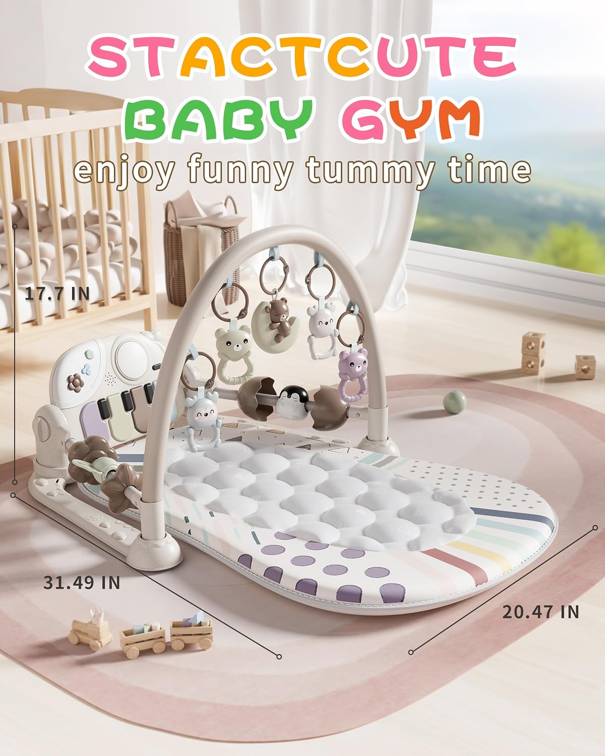 Baby Play Mat Baby Toys,Baby Gym Tummy Time Play Piano Activity Mat with 5 Infant Sensory Toys,Music & Light Infant