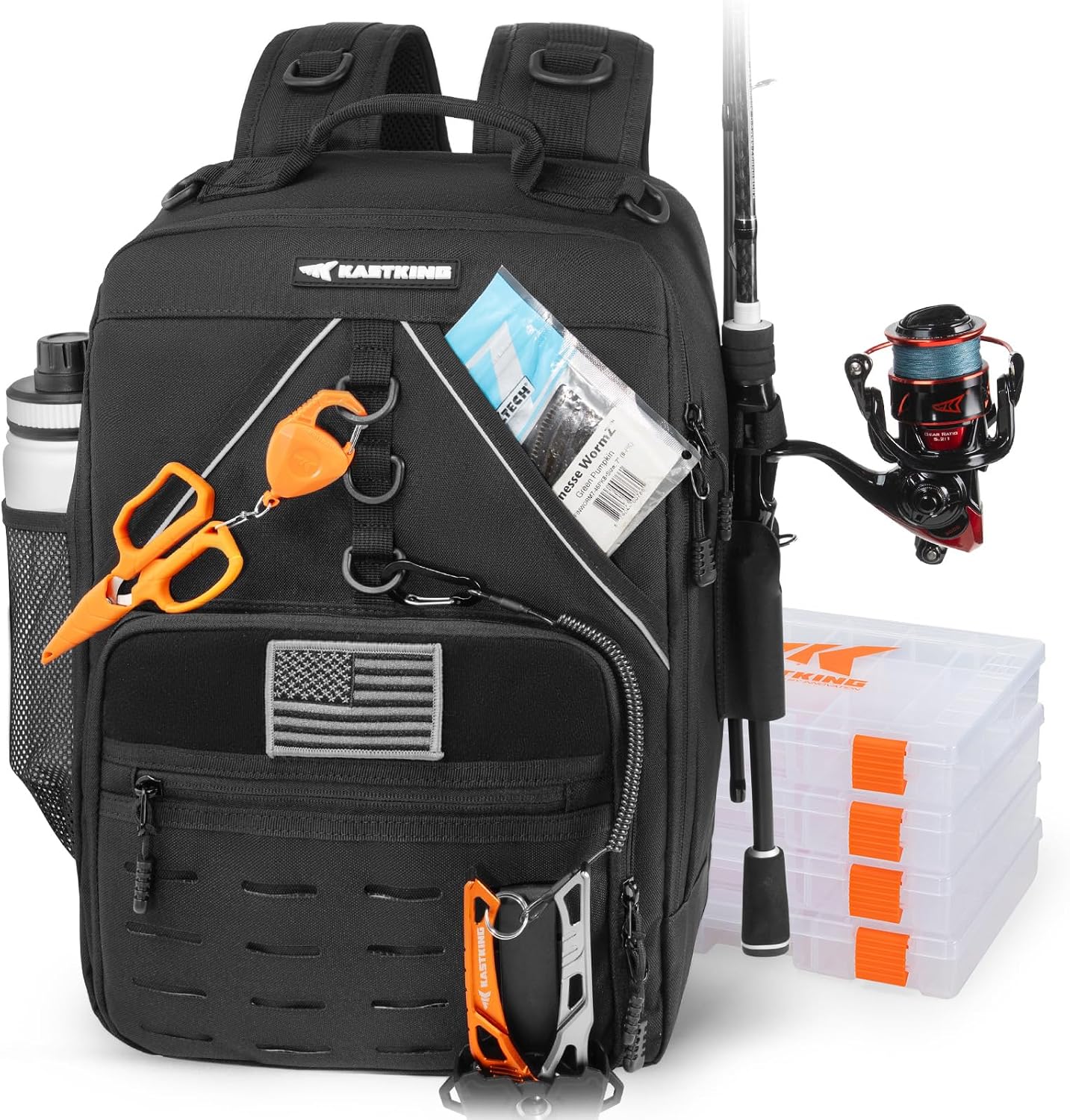 KarryAll Fishing Backpack with Rod Holder 4 Tackle Boxes, 40/26L | Tackle Bag Storage Fishing Gear and Equipment