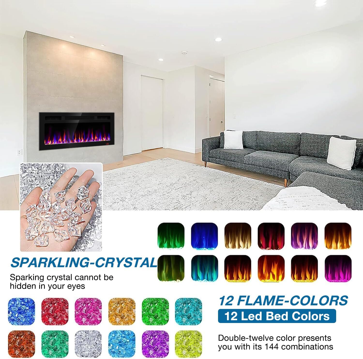 31 Inch Electric Fireplace Recessed and Wall Mounted, Fireplace Heater and Linear Fireplace, Ultra-Thin Electric