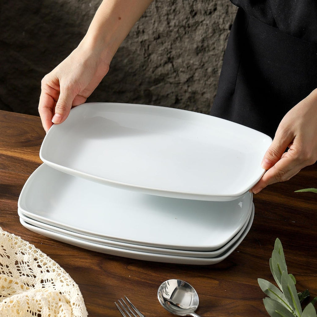 White Rectangular Plate Set, Ceramic Large Serving Platters, 12 Inch Dessert Trays for Party, Entertaining, Food