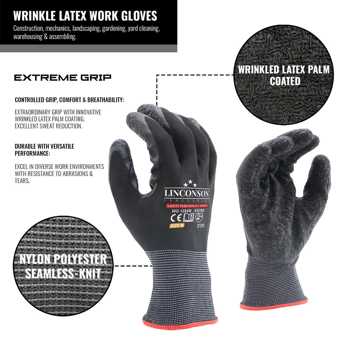 12 Pack Safety Performance Series Construction Mechanics Wrinkle Latex Work Gloves
