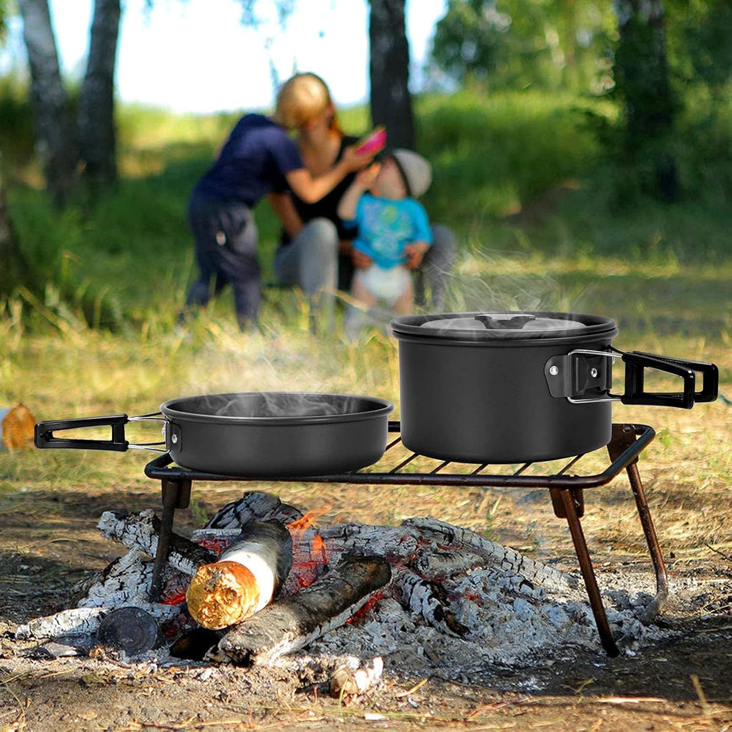 Peidesi 15pcs Camping Cookware Mess Kit,Portable Non-Stick Aluminum Alloy Cookware,Kettle Pot Frying Pan Plates Forks