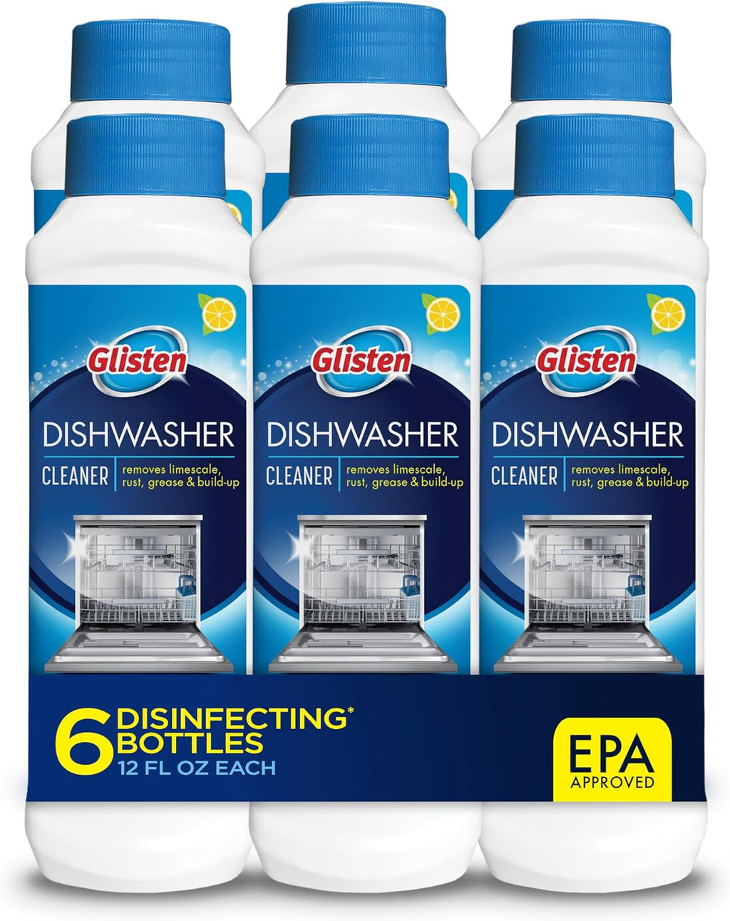 Dishwasher Cleaner, Removes Limescale, Rust, Buildup, and Grease, Lemon Scent, 12 Ounce Bottle, 6-Pack