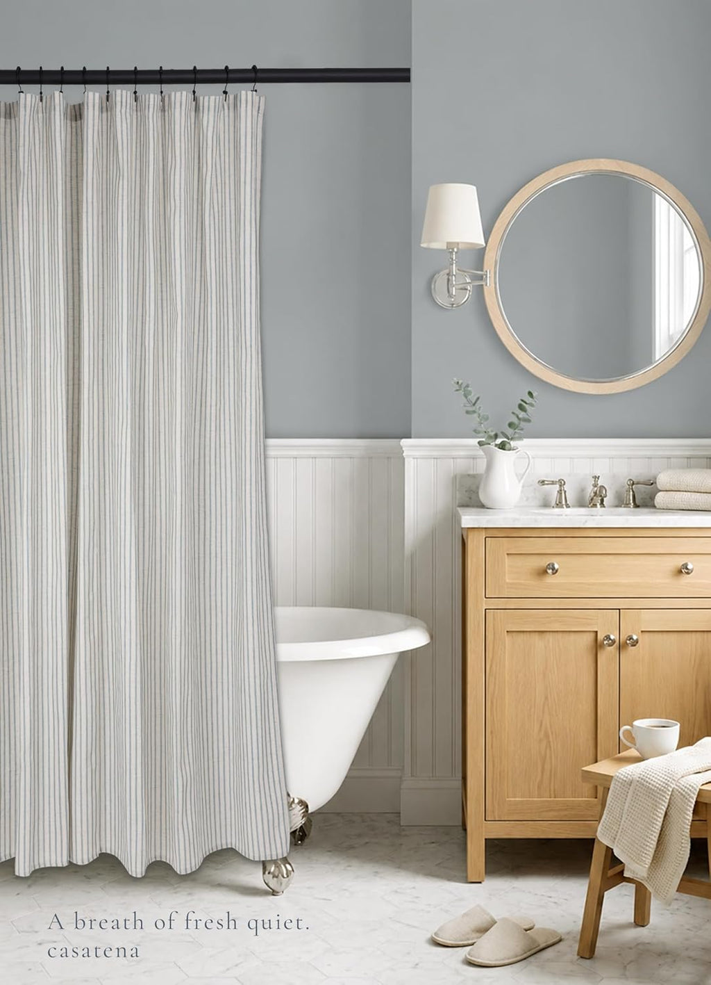 Farmhouse Striped Shower Curtain Set, Linen Blend Fabric with Detachable Polyester Liner, Breathable & Machine