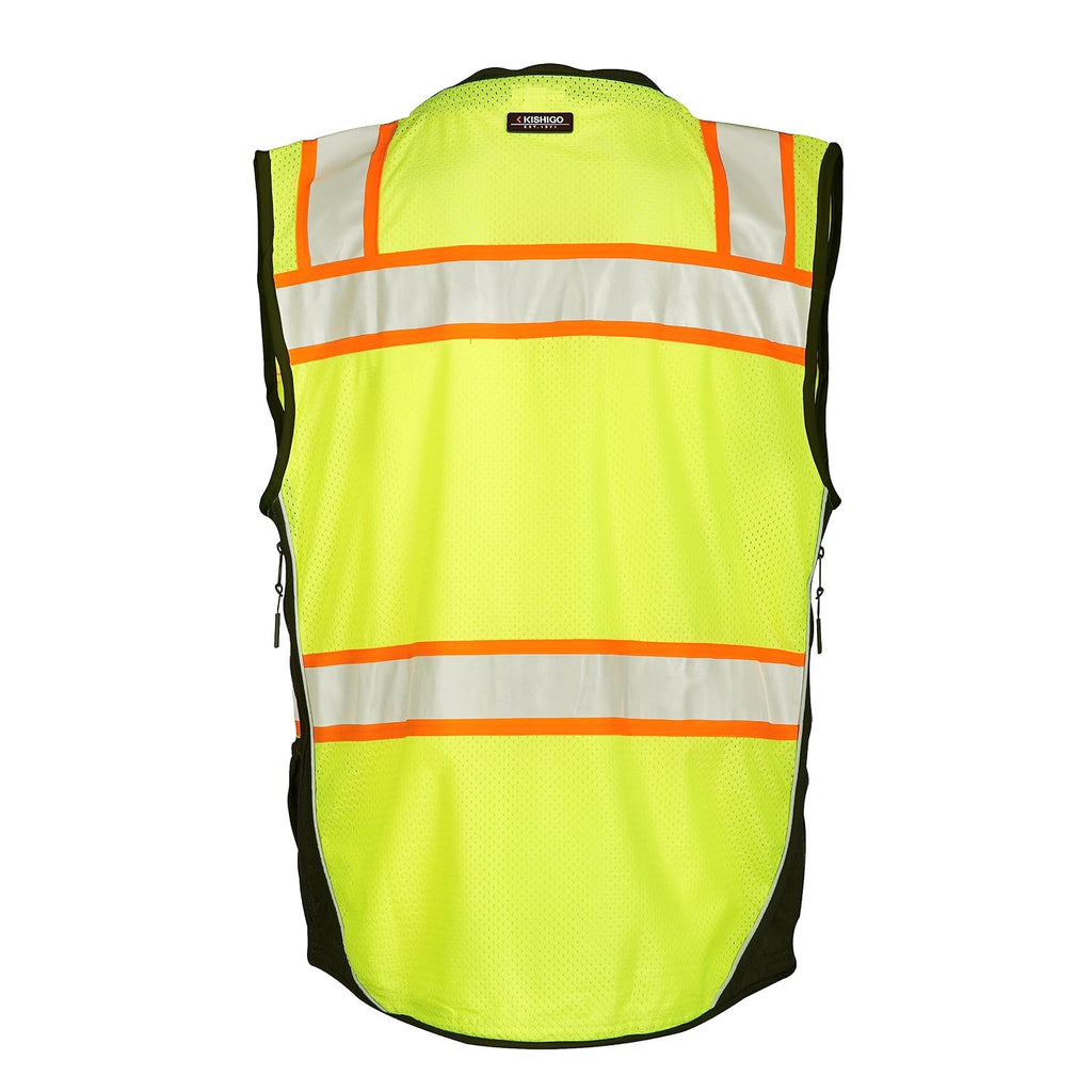 Premium Black Series Men's Surveyors Vest S5002, Class 2 Hi-Vis Safety Vest, 10 Pockets with Reinforced Front Zipper