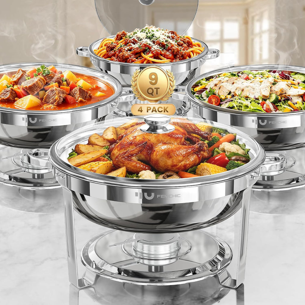 9QT Round Stainless Steel Chafing Dishes for Buffet, 4 Pack Chafers