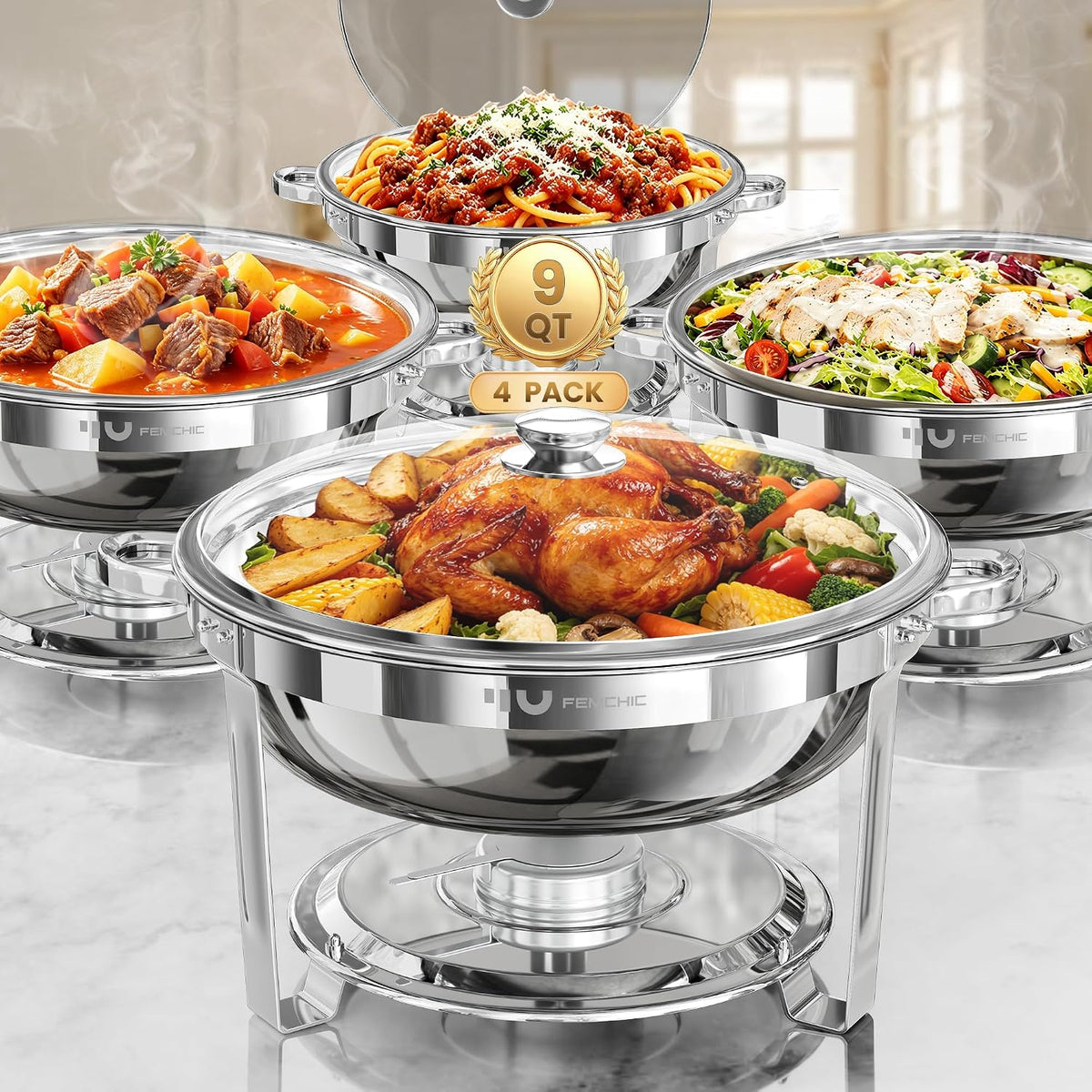 9QT Round Stainless Steel Chafing Dishes for Buffet, 4 Pack Chafers