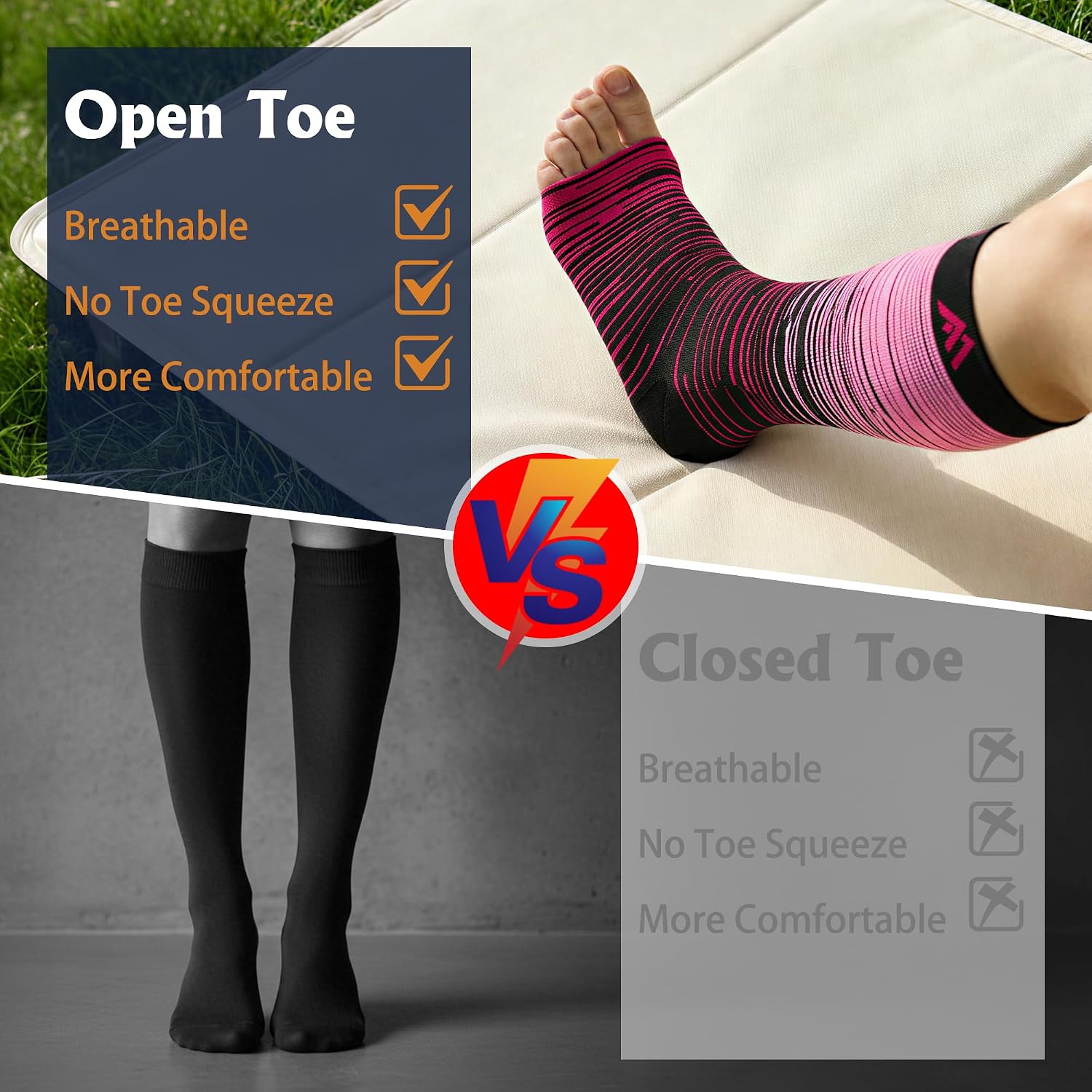 5 Pairs Open the toe Compression Socks for Men & Women 20-30 mmHg Graduated Compression Stockings for Sports Running