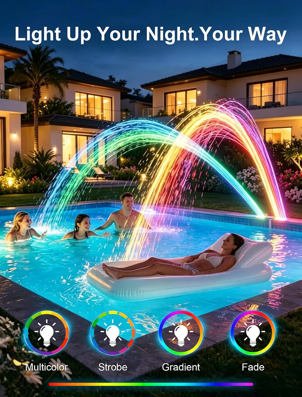 Pool Fountain with Rainbow Lights for Above Ground/Inground, Gray | 10-Color LED Lights, Dual Adjustable Pool