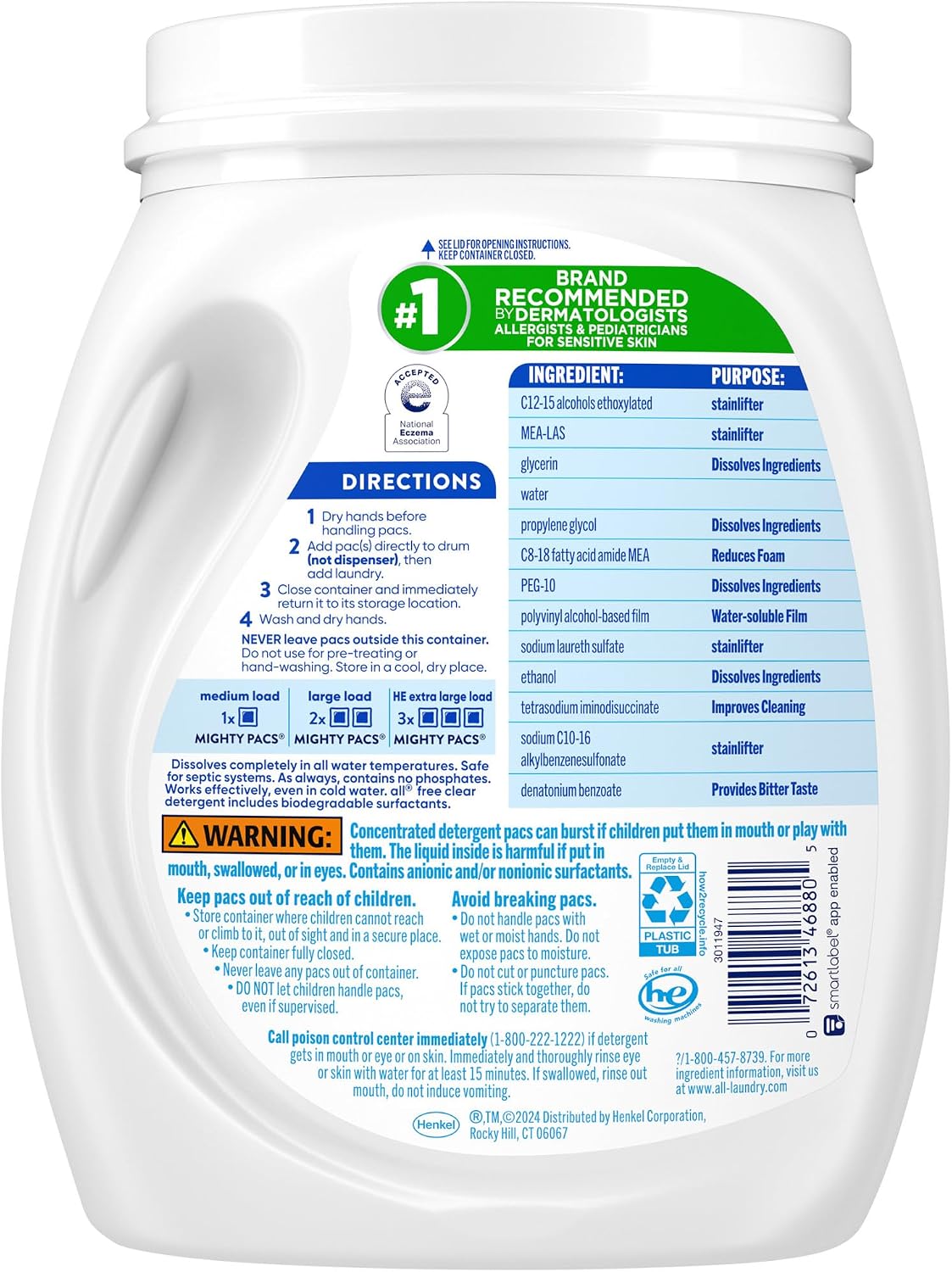 Unit Dose Laundry Detergent, Mighty Pacs, Free Clear, 60 Count