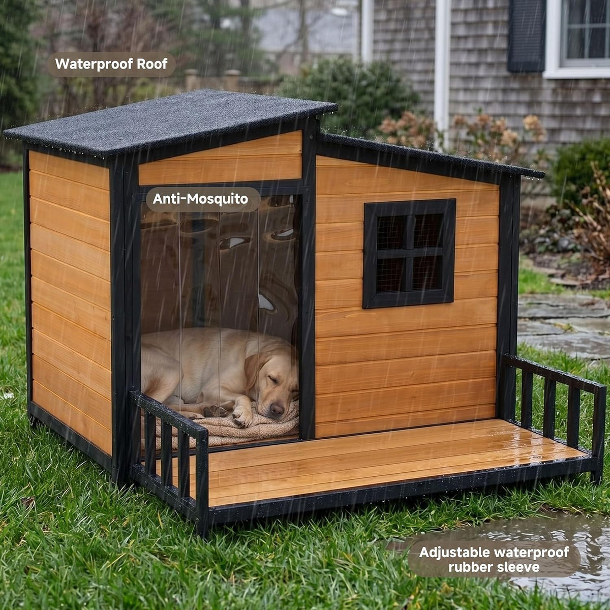 44" Anti-Chew Large Outdoor Dog House, Wooden Iron Frame for Med-Large Dogs