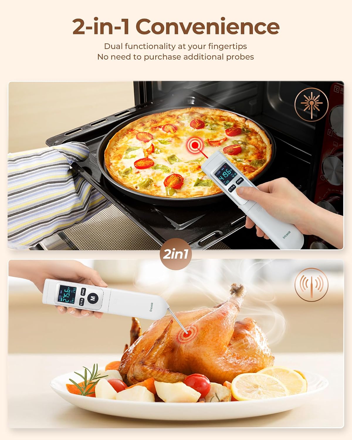Infrared Thermometer Gun with Meat Probe, 2-in-1 Temperature Gun with Laser for Cooking, Thermometer Gun for Grill