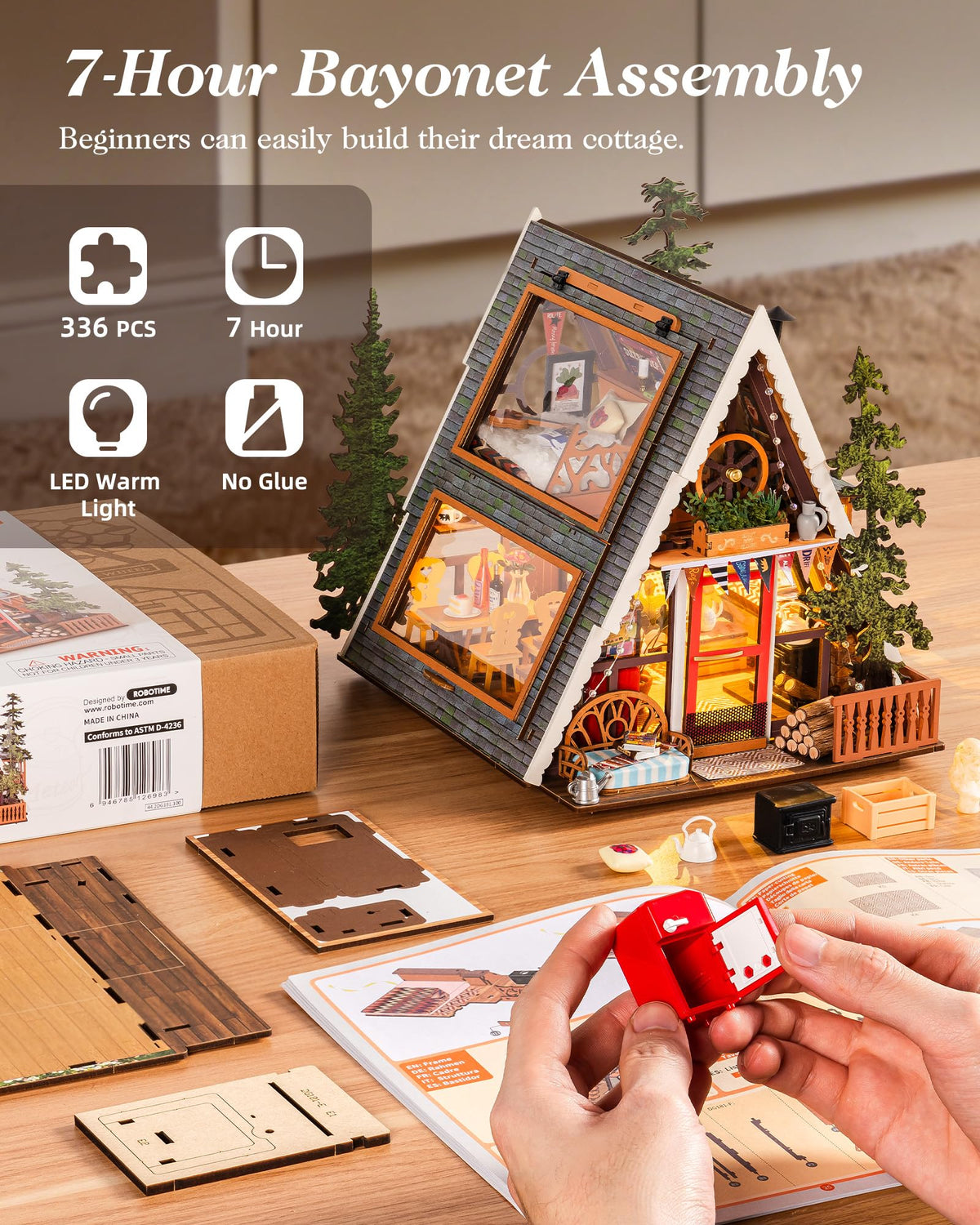 DIY Miniature Forest Tiny House Kit-A-Frame Cabin with LED Lights