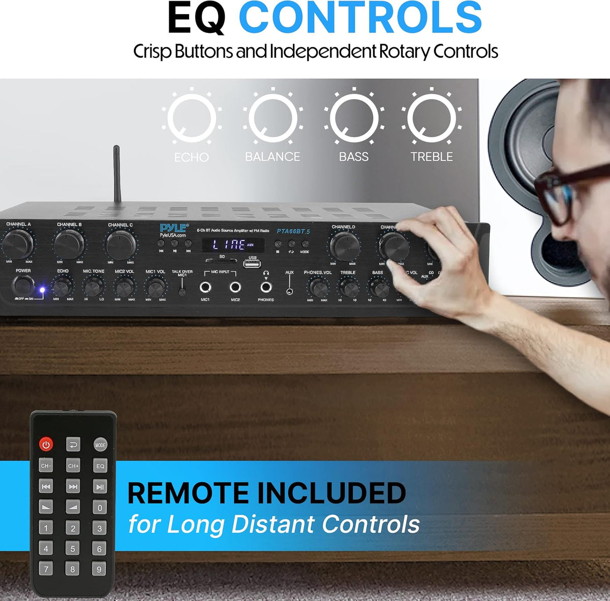 Bluetooth Home Audio Amplifier - 6 Channel Stereo Receiver Amp, 600 Watt Power, Commercial or Karaoke with Mic