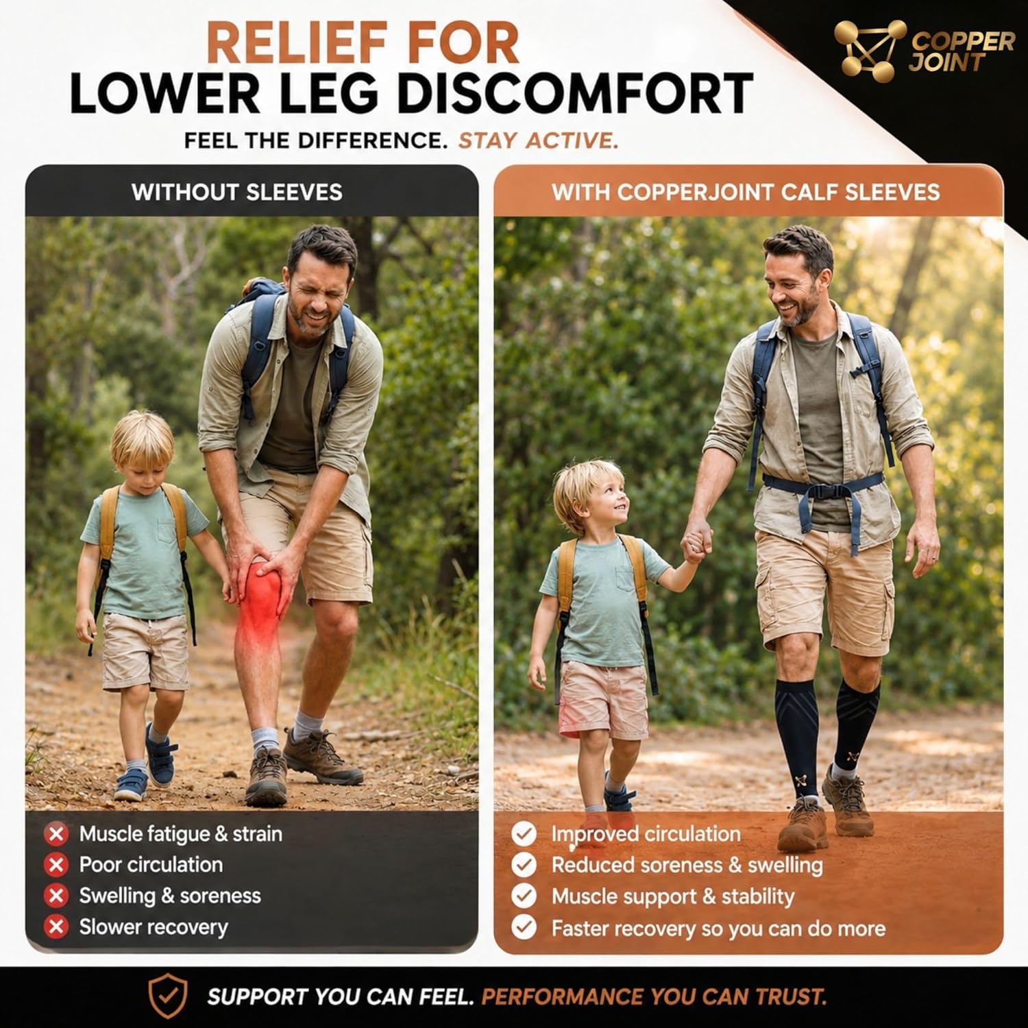 Calf Compression Sleeve for Men & Women Medium Copper Stripe-Firm Snug Fit Support for Shin Splints, Cramps, Varicose