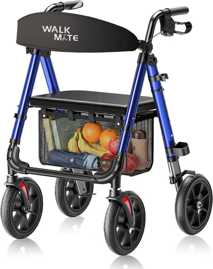 Rollator Walker for Seniors, 10 Inch Big Wheels, Reinforced Aluminum Frame 350lb Weight Capacity, Foldable All