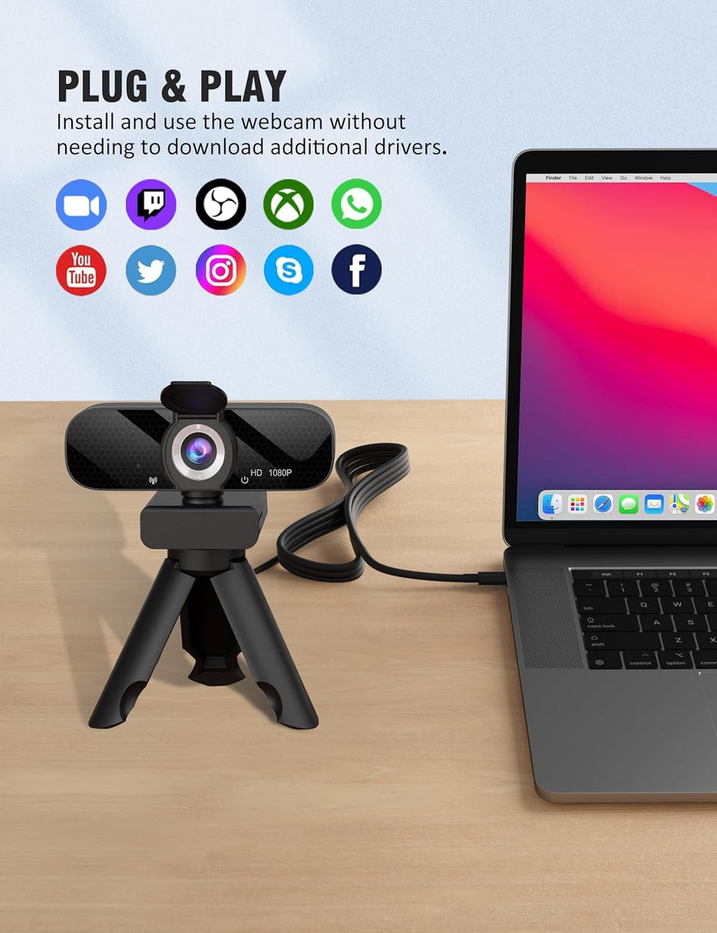 HD 1080P Webcam with Built-in Microphone and Rotatable Tripod, 1080P Video and Wide Angle Camera, Privacy Cover, for