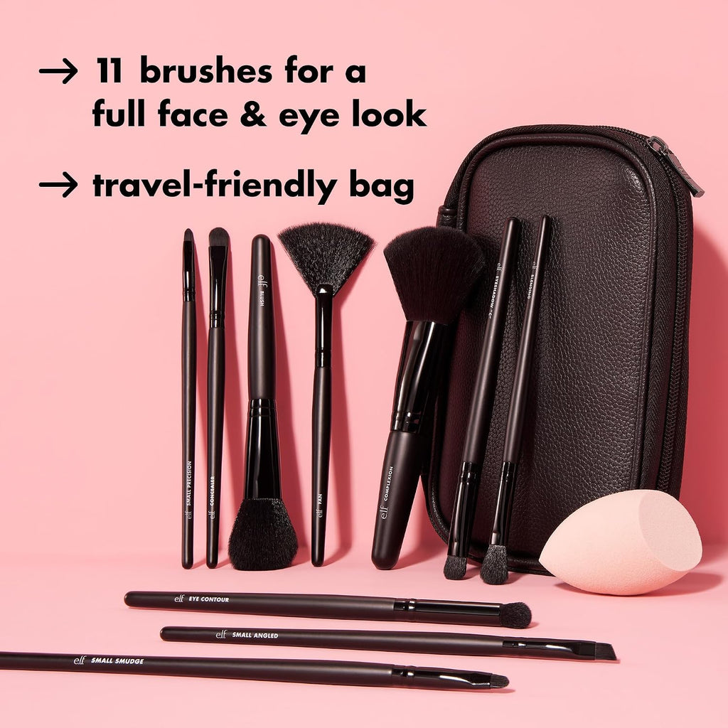 Full Face & Eye Makeup Brush Set with Travel Case, 11 Face & Eye Brushes For Creating A Full Face Makeup Look, Vegan