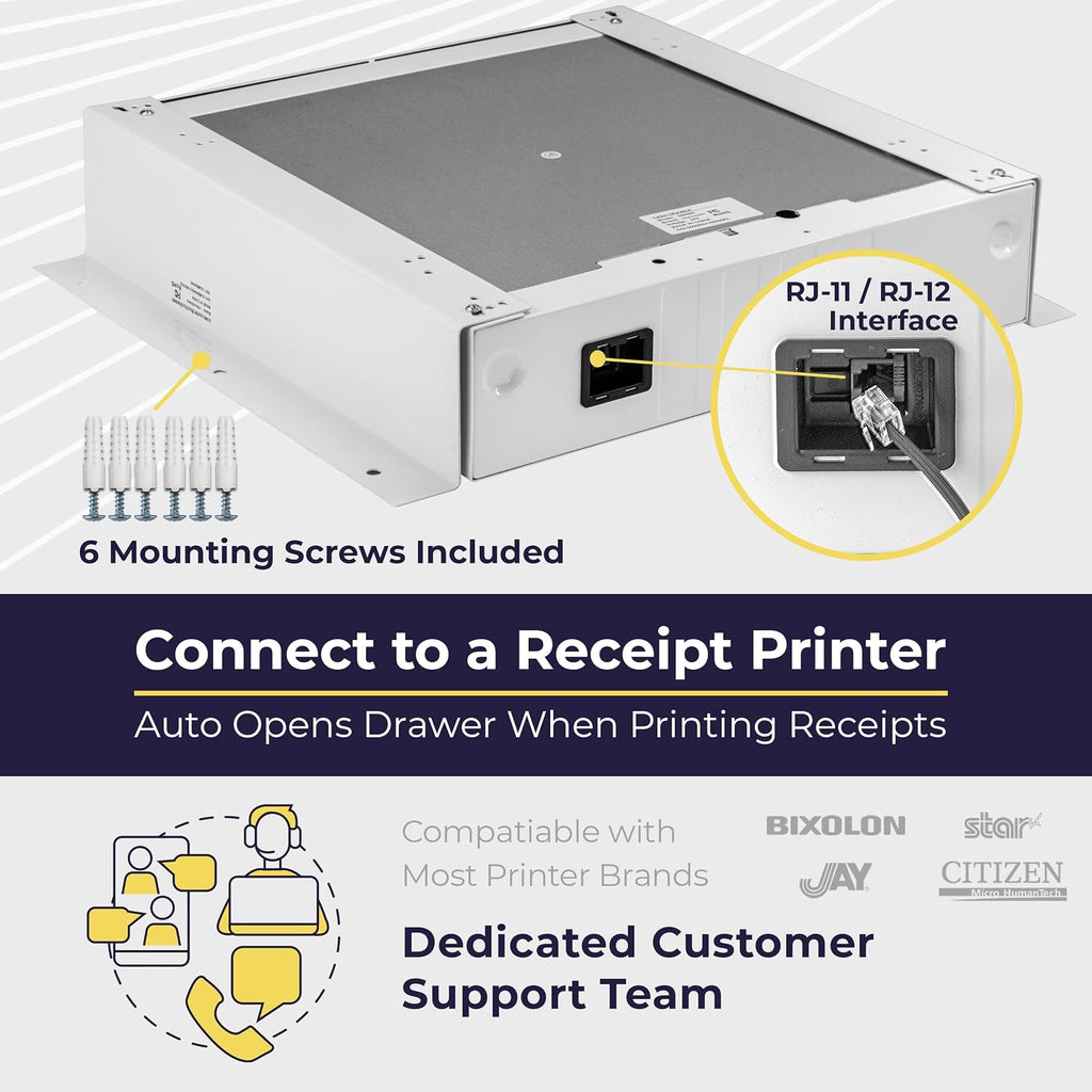 Cash Register Drawer with Under Counter Mounting Bracket - 16" White Drawer for POS, 5 Bill 6 Coin Cash Tray