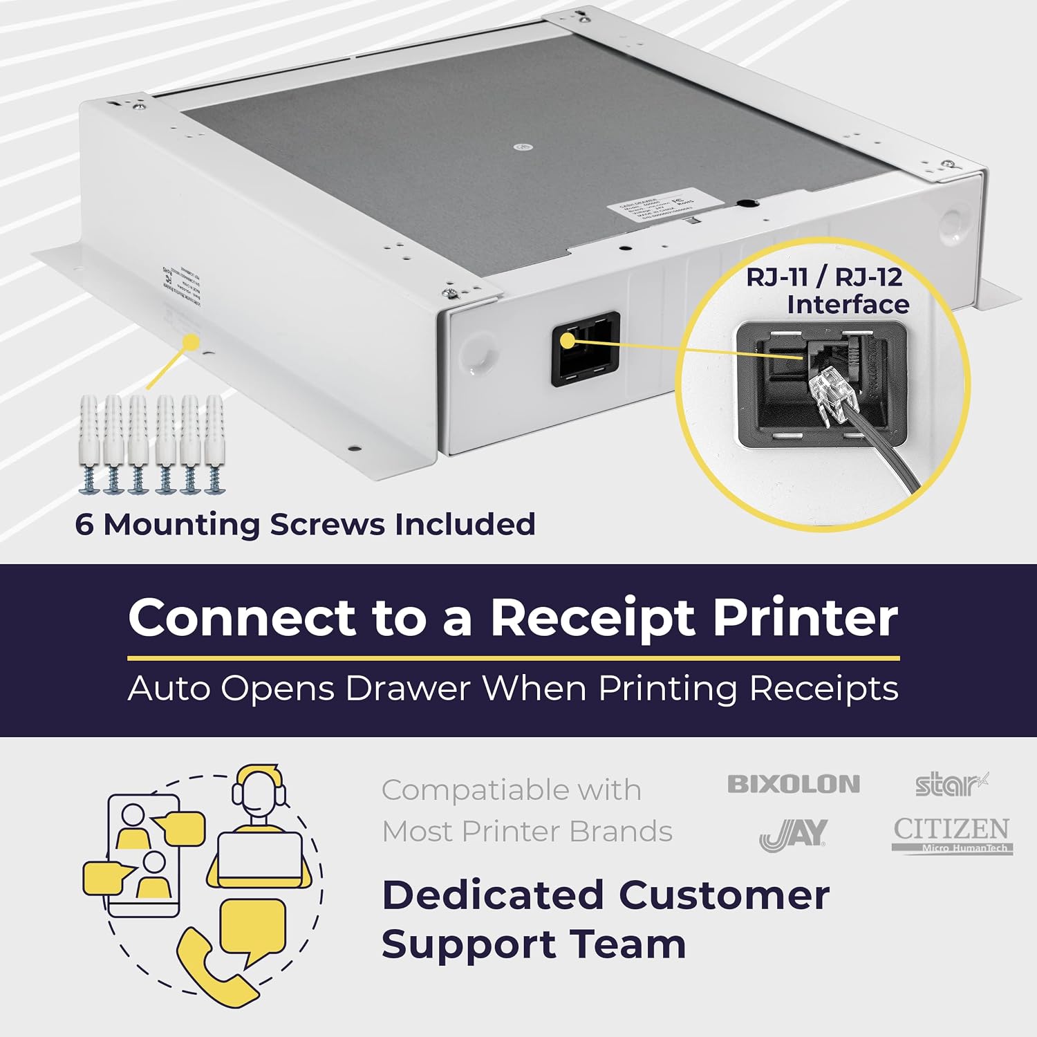 Cash Register Drawer with Under Counter Mounting Bracket - 16" White Drawer for POS, 5 Bill 6 Coin Cash Tray