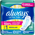 Ultra Thin Feminine Pads with Wings for Women, Size 1, Regular Absorbency, Unscented, Up to 100% Leak-Free