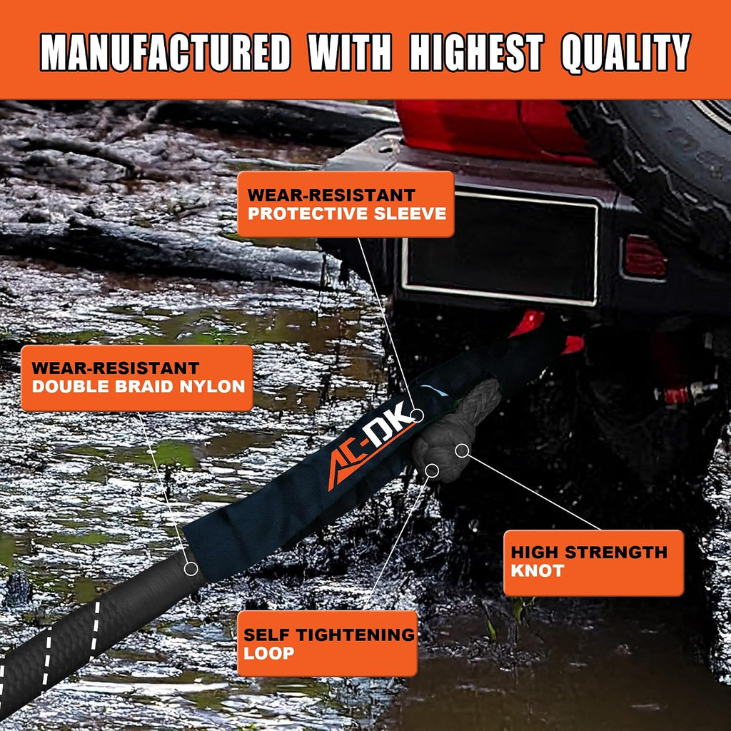 Kinetic Recovery Rope (1in x 30ft ‎Black) 48,500lbs Snatch Strap,Heavy Duty Stretch Nylon Towing Ropes with 2pcs Soft