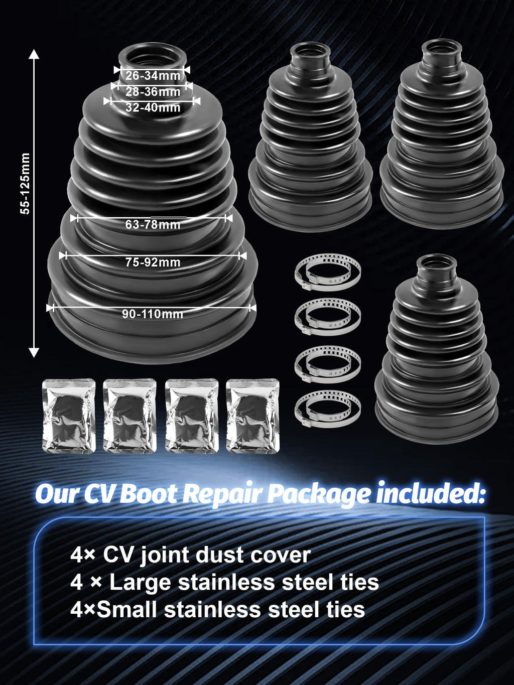 4PCS CV Boot fit 26-34mm Shaft 55-125mm Height