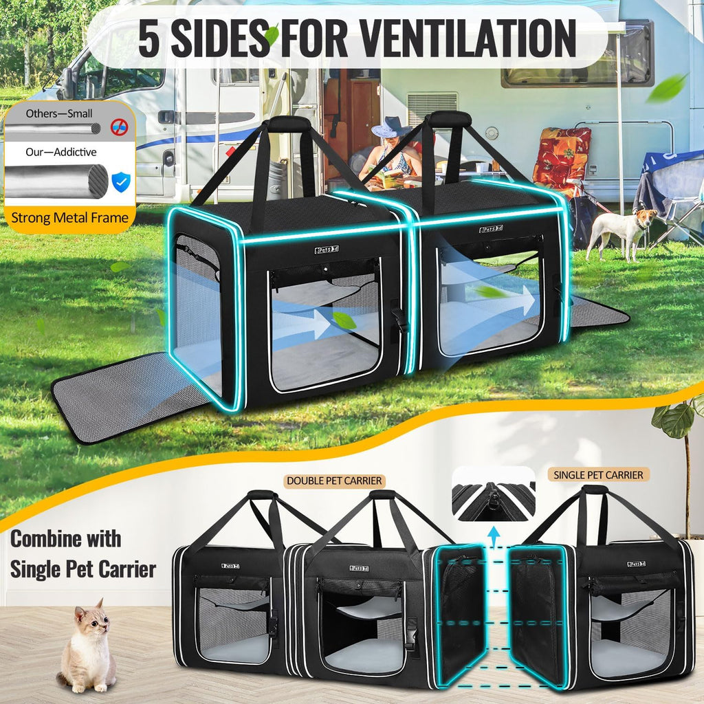 Portable Double Cat Carrier with Litter Box for Multiple Cats