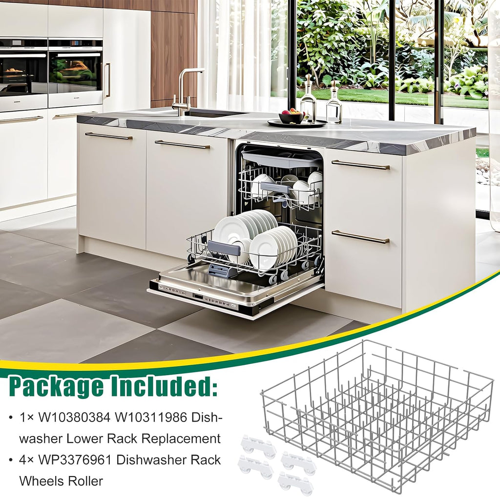 Upgraded W10380384 W10311986 Dishwasher Lower Rack Replacement Compatible with Whirlpool Dishwasher Bottom Rack 300563, DU911PCDQO with WP3376961 Wheels