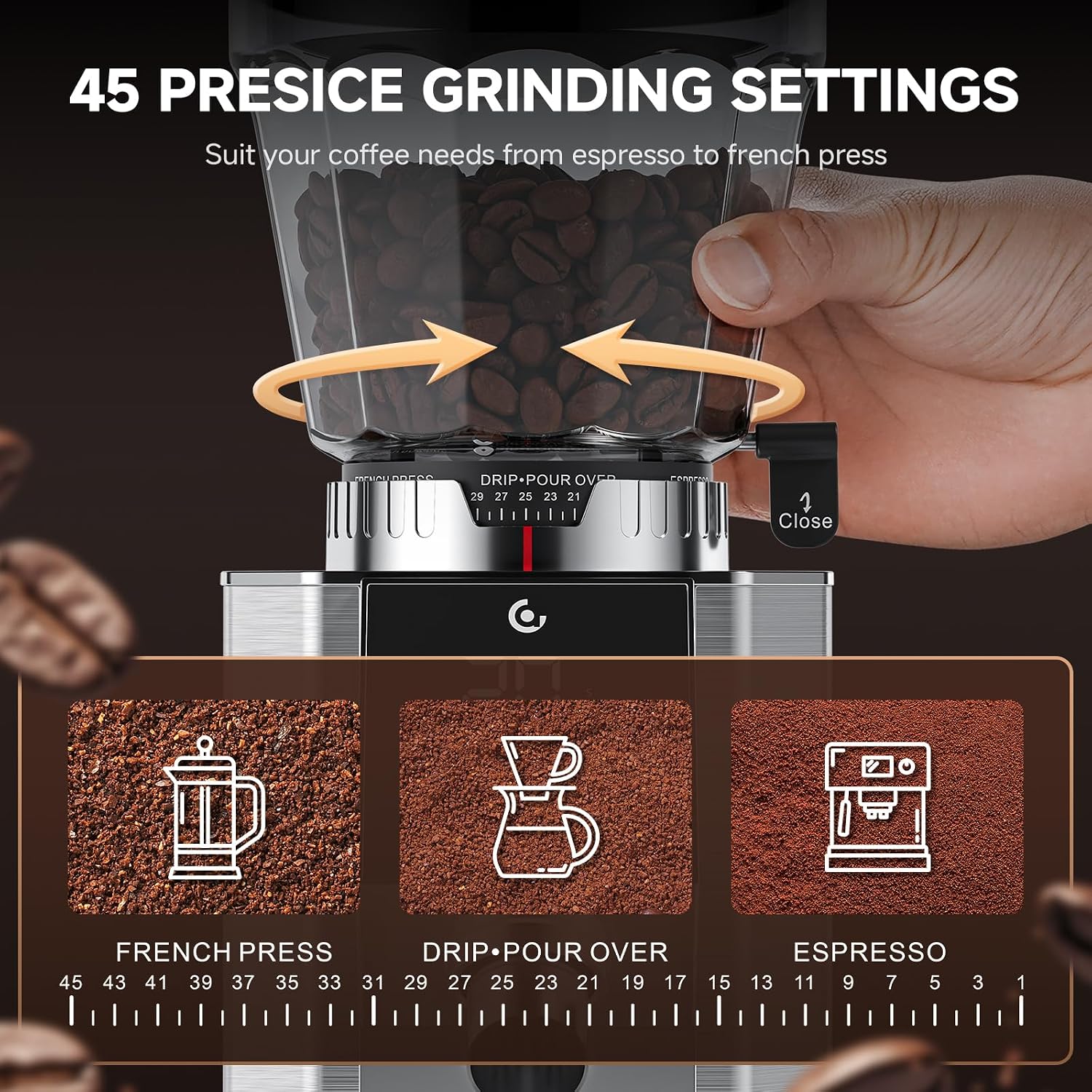 Conical Burr Coffee Grinder, Espresso Grinder with 45 Grind Settings, Anti-Static Electric Coffee Bean Mill with