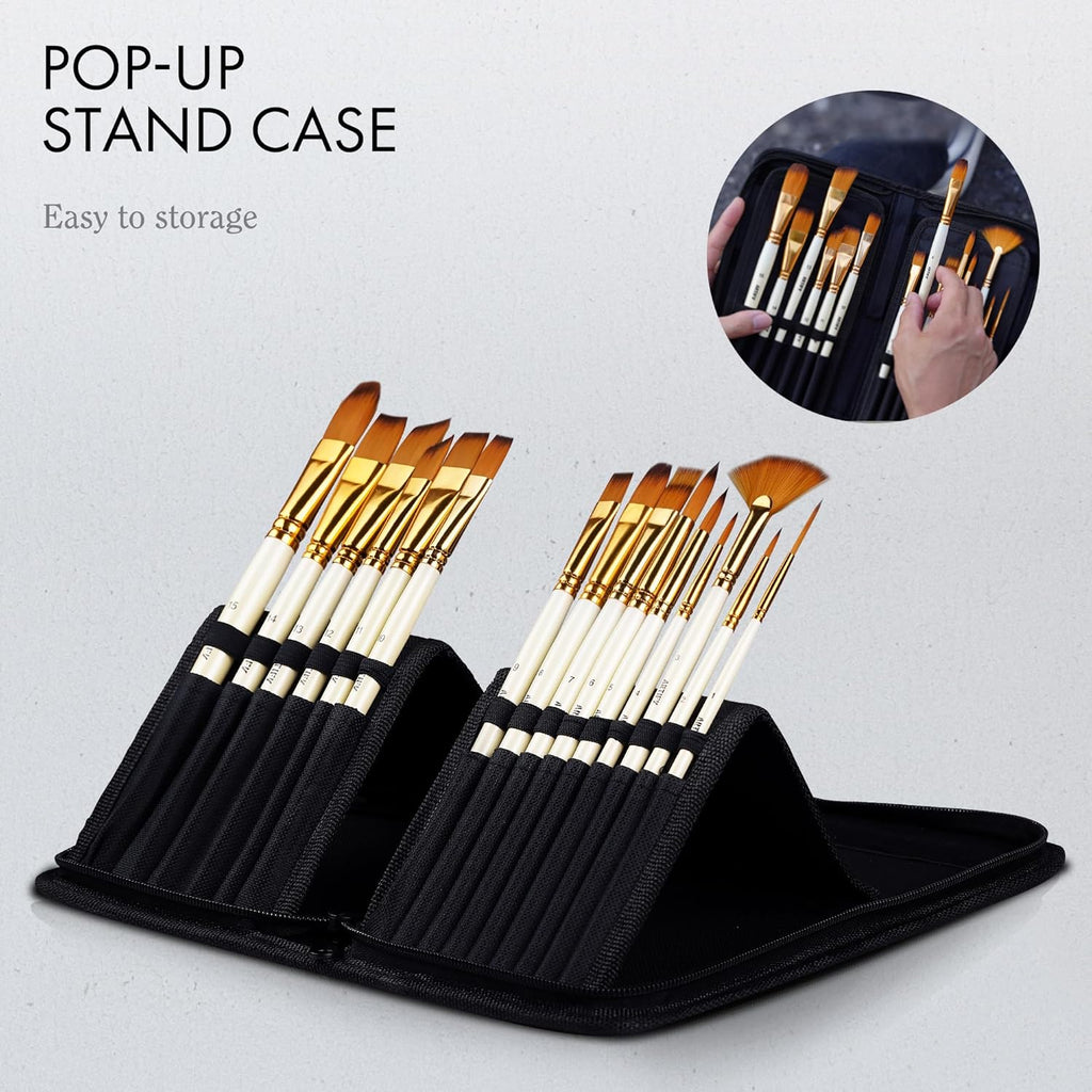 18 Piece Paint Brush Set, ARTIFY 15 Acrylic Paint Brushes, Palette Knife, and 2 Sponges, Professional Artist Paint