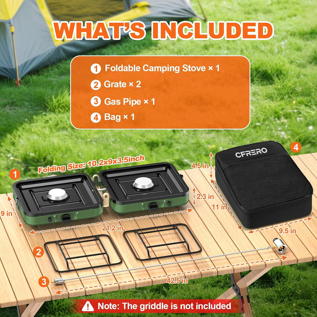 Propane 2-Burner Foldable Camping Stove with Carry Bag, Portable Propane Camp Stoves with Adjustable Burners & Piezo