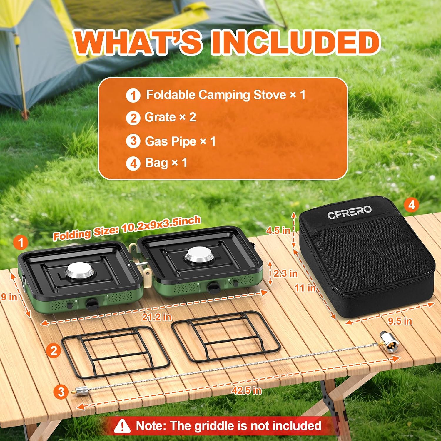 Propane 2-Burner Foldable Camping Stove with Carry Bag, Portable Propane Camp Stoves with Adjustable Burners & Piezo