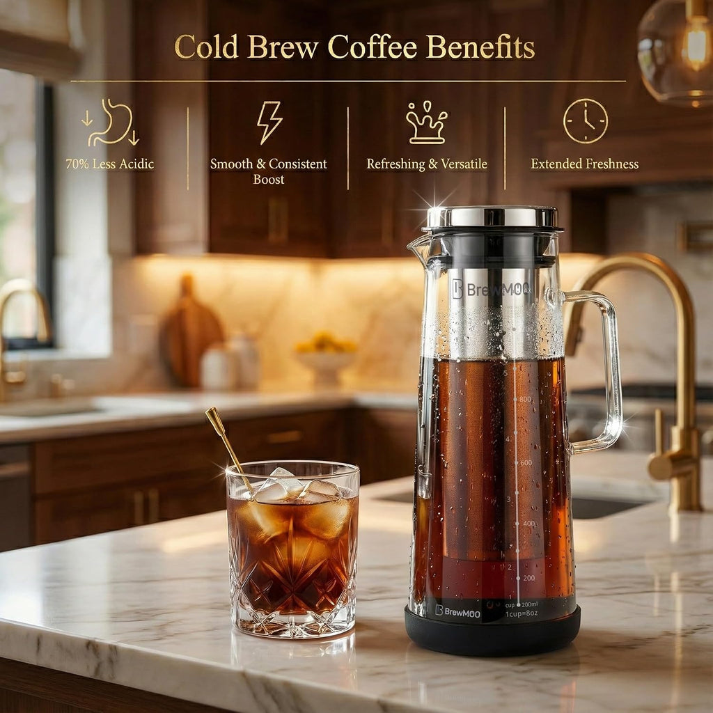Airtight Cold Brew Coffee Maker Pitcher, 1.4L/48Oz Thick Glass Carafe with Filter, Comfort Sturdy Handle & Wide