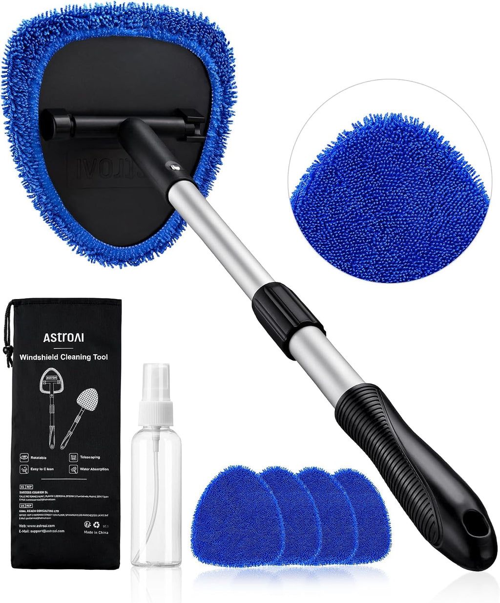 21" Windshield Cleaner Tool, Car Interior Detailing Cleaning Kit with Extendable Handle and 4 Upgraded High-Density
