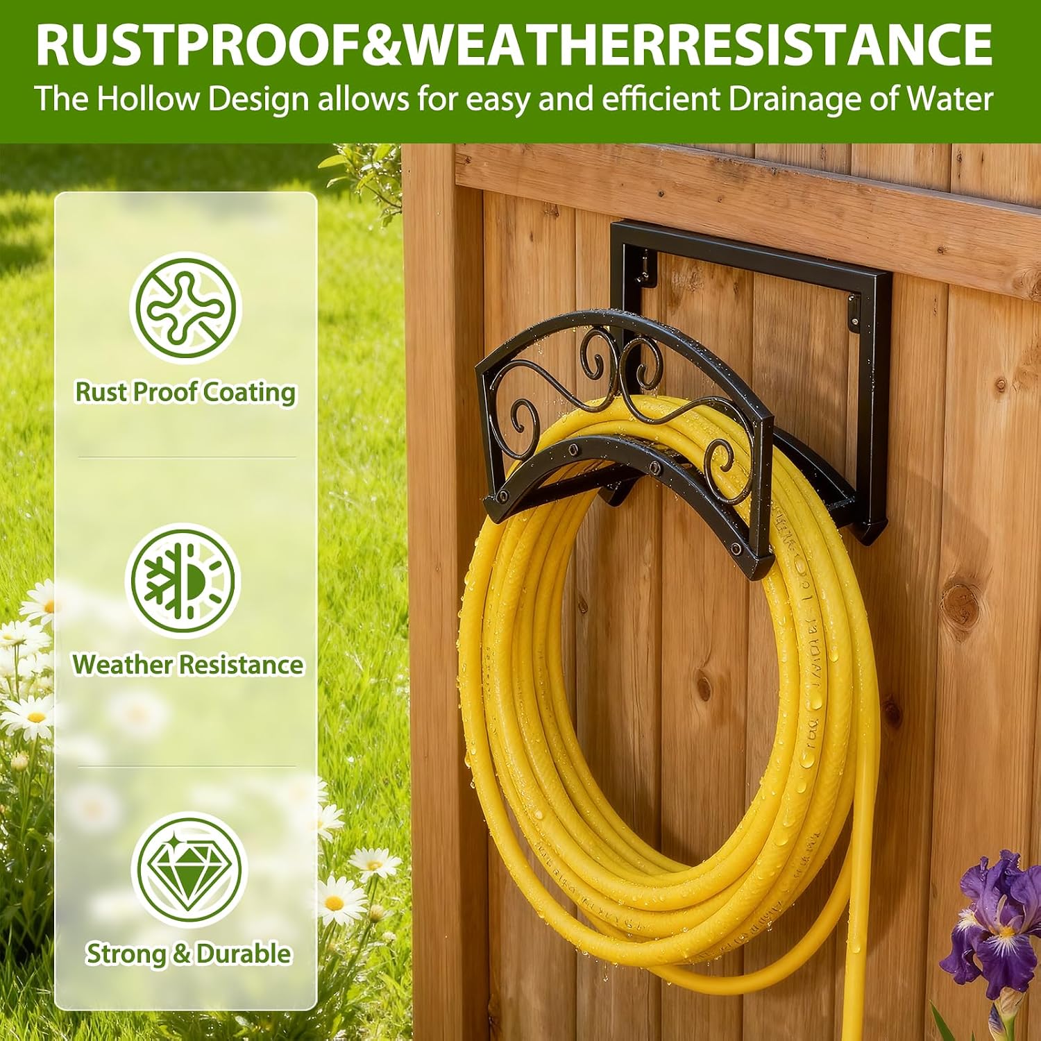 Garden Hose Holder Wall Mount, Metal Water Hose Holder, Holds 150FT | Heavy Duty, Weather-Proof, Durable Hose Storage