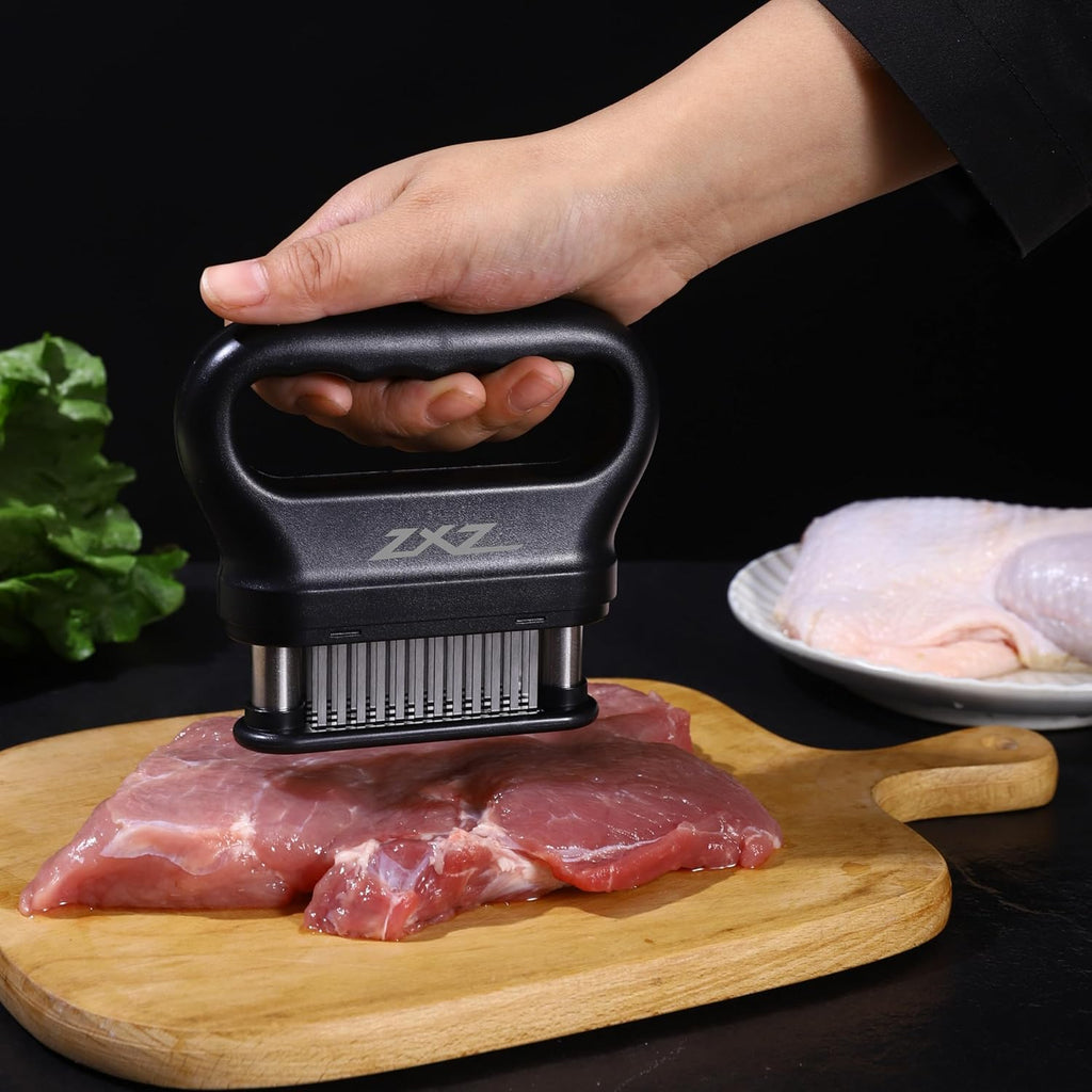 Meat Tenderizer Tool - 48 Ultra Sharp Stainless Steel Needle Blades, Ideal for Kitchen, BBQ & Marinade Tenderizing Black