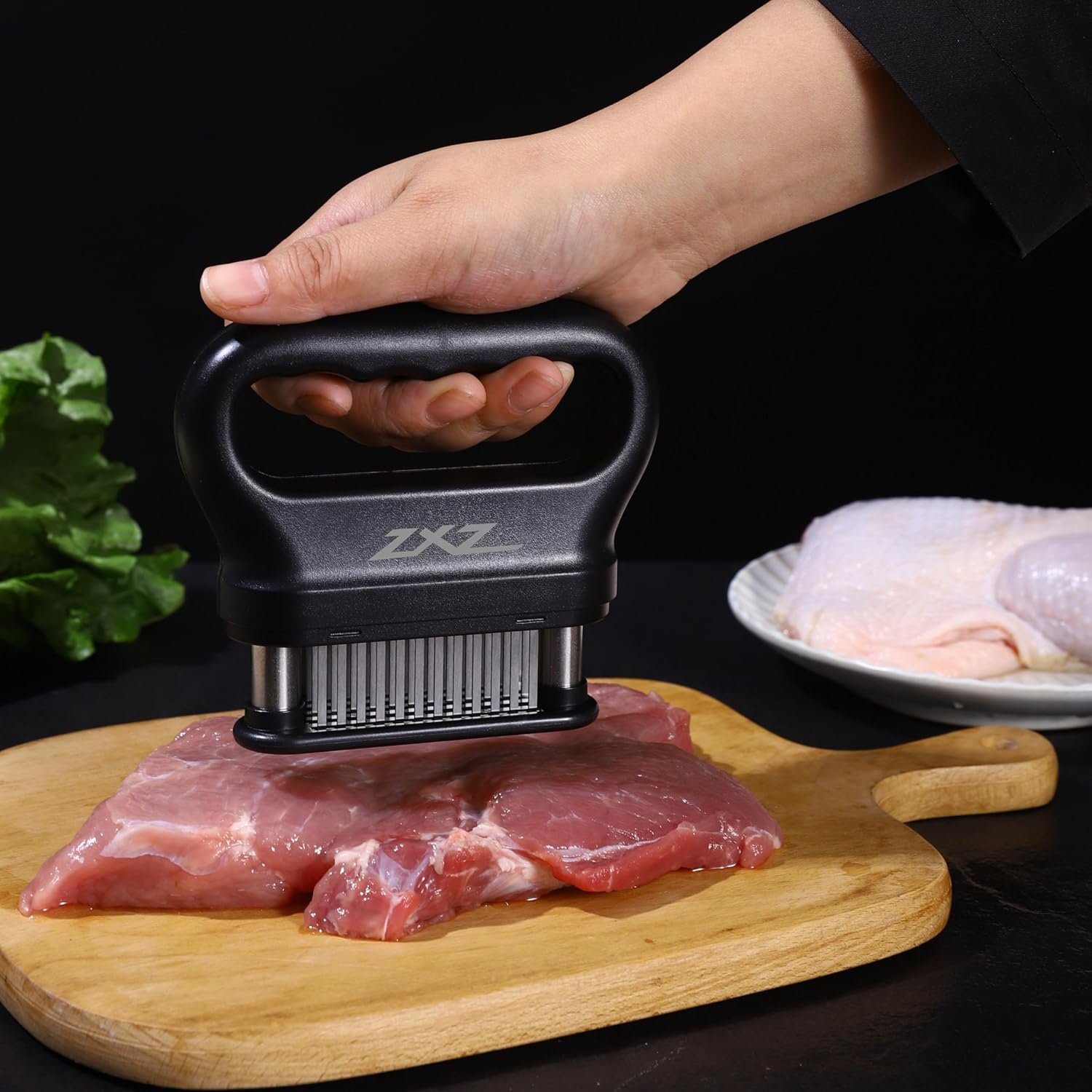 Meat Tenderizer Tool - 48 Ultra Sharp Stainless Steel Needle Blades, Ideal for Kitchen, BBQ & Marinade Tenderizing Black